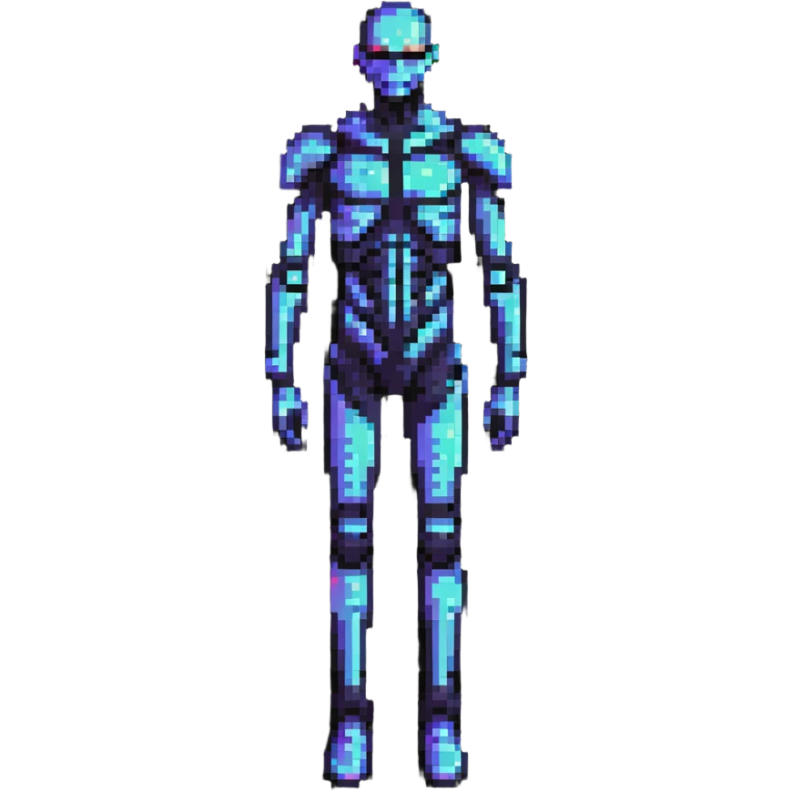 Pixelated future human with neon highlights, tech-enhanced body, and holographic elements emoji
