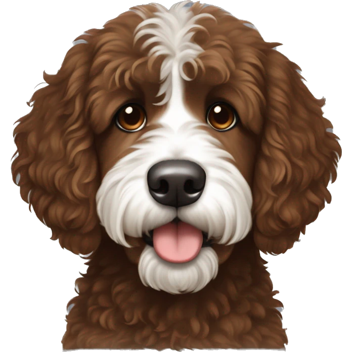 Bernedoodle with fringe over eyes, dark redish brown coat with white on the center o themuzzle emoji