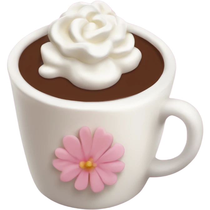 Hot chocolate with pale pink flower and whipped cream emoji