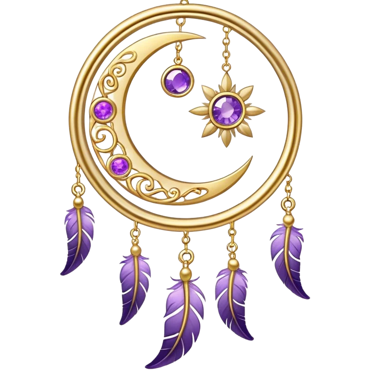 Epic beautiful gorgeous cute gold suncatcher, threads with shiny sparkly amethyst gemstones, flowers, crescents-moons, stars, violet Feather, gold feather emoji