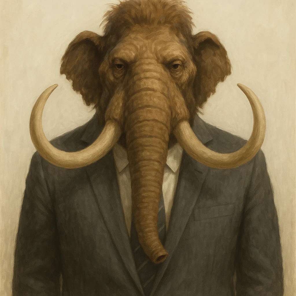 mamut con traje de oficina y corbata, apariencia seria, fondo claro emoji