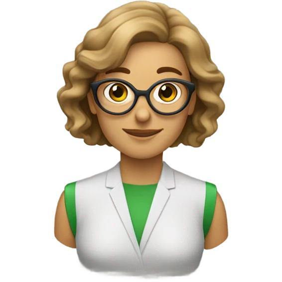 Profesora pelo castaño, gafas, ojos vedes emoji
