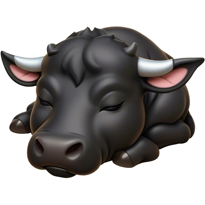 Meme-Worthy Cute Sleeping Black Bull Portrait Emoji, Head resting peacefully with a contented smile, showcasing a robust, massive build and a luxuriously soft pure black hide, eyes shut in a serene, restful nap, Simplified yet hilariously adorable features, highly detailed, glowing with a soft, drowsy light, high shine, relaxed and utterly lovable, stylized with an air of playful laziness, bright and heartwarming, soft glowing outline, capturing the essence of a comically sleepy guardian, so meme-worthy it feels like it could instantly become the next viral sensation of adorable slumber! emoji