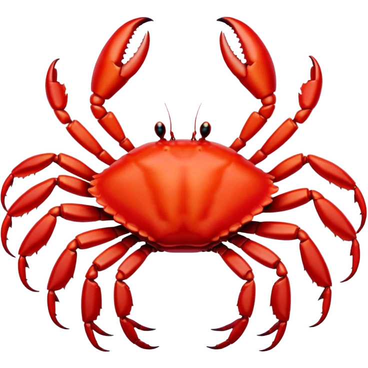 Cinematic Noble Red Crab Portrait Emoji, Poised and commanding, with a sturdy, angular exoskeleton of vivid scarlet red and sharply defined pincers, deep-set, intense eyes on stalks, Simplified yet sharp and sophisticated features, highly detailed, glowing with a soft, oceanic glow, high shine, intelligent and formidable, stylized with an air of coastal authority, focused and alert, soft glowing outline, capturing the essence of a watchful crustacean guardian that appears ready to scuttle out of the screen with determined power! emoji