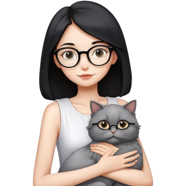 Skinny woman with oval glasses, shoulder length straight black hair, wearing white sleeveless top, hugging a grey Persian-Angora cat, plain background emoji
