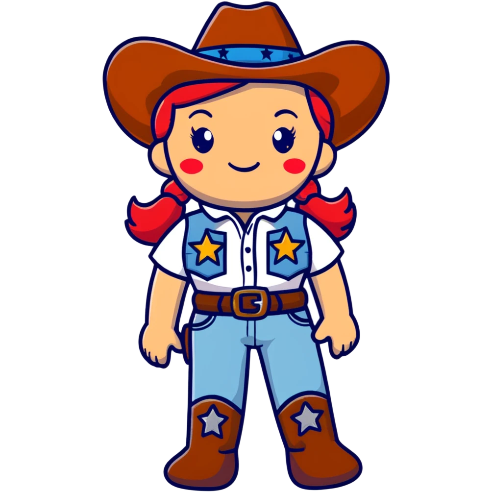 A cartoon stuffed cowgirl toy with freckles, red hair and a star-shaped badge emoji