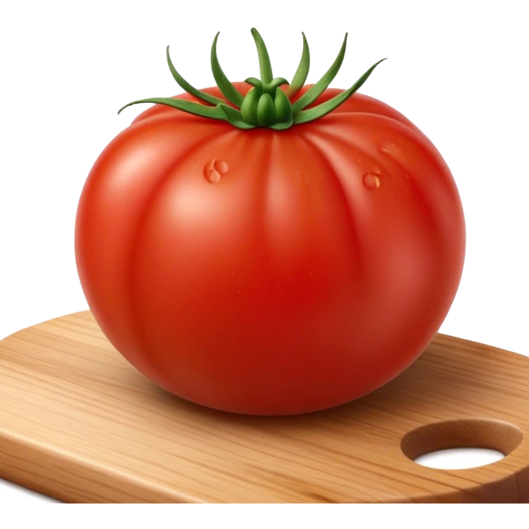 Cinematic juicy ripe tomatoe, deep red, slightly dewy, arranged on a wooden cutting board, soft glowing background, rich and flavorful. emoji