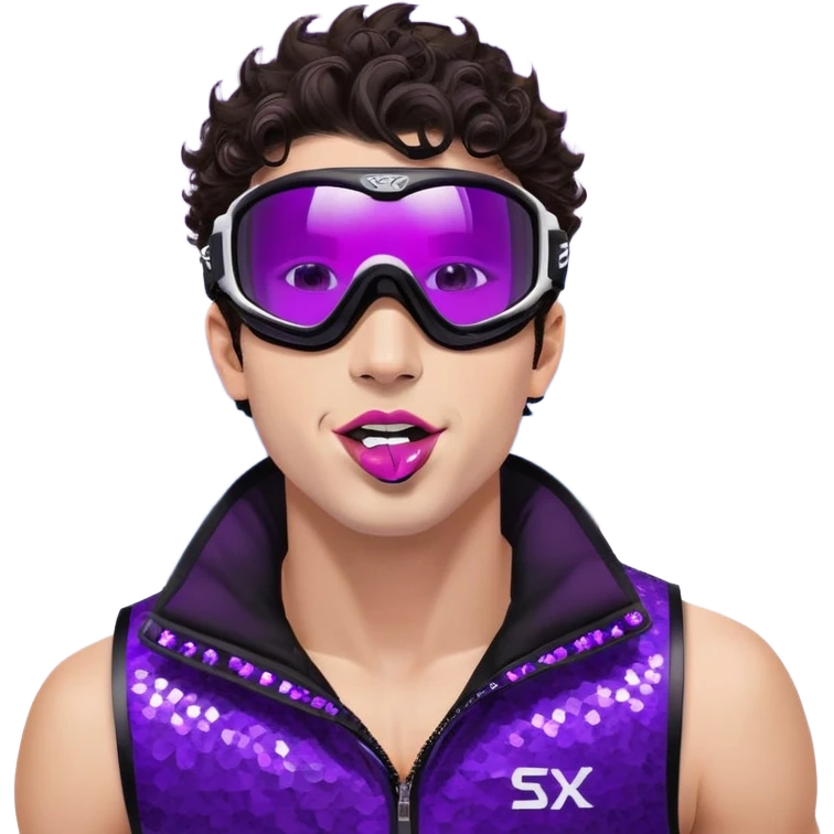 close-up of cool guy male athlete with white skin and moderately curly dark brown hair on top with shaved sides, with one purple ski goggle lens pushed up above his eyes on his forehead, sticking his tongue out of his mouth, wearing only a plain black chain necklace around his neck, and a completely unzipped sleeveless vest with purple and black sequin fire pattern design with no logo, clearly showing he is shirtless underneath with exposed chest and abs emoji