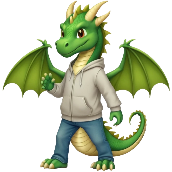 friendly anthropomorphised green dragon in a hoodie and jeans walking upright emoji