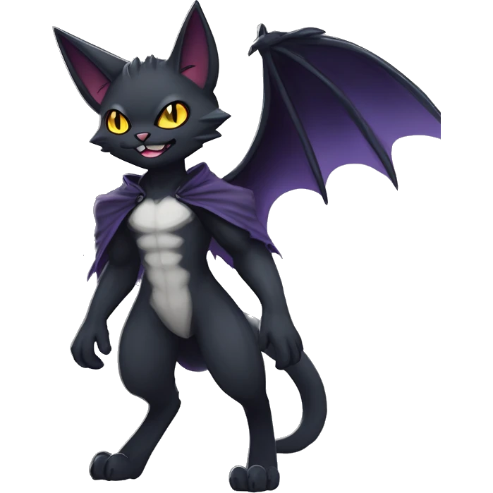   cool edgy beautiful anime-style ethereal dark-punk-themed animal vampiric cat-hybrid Fakemon with fangs and bat-wing-ears with a cape full body emoji