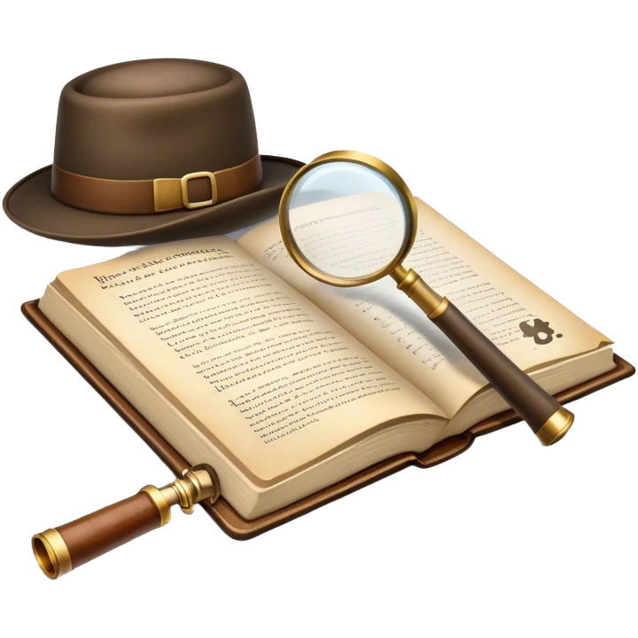 Icon for Detective Reading: an open book with text and a magnifying glass on the pages, a classic detective hat and a pipe, surrounded by clues like footprints, a revolver and a notepad. The icon should represent the mystery and intrigue of detective stories. Transparent background. emoji
