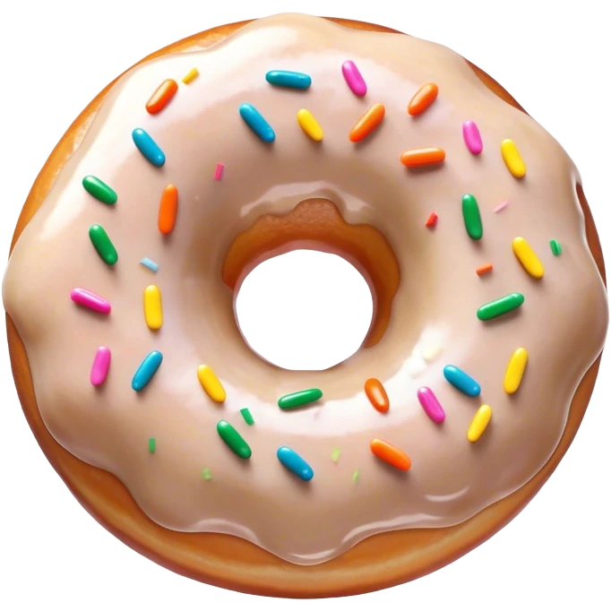 Cinematic Realistic Donut Dessert Emoji, depicted as a fluffy glazed donut with colorful sprinkles rendered with detailed textures and playful, warm lighting. emoji