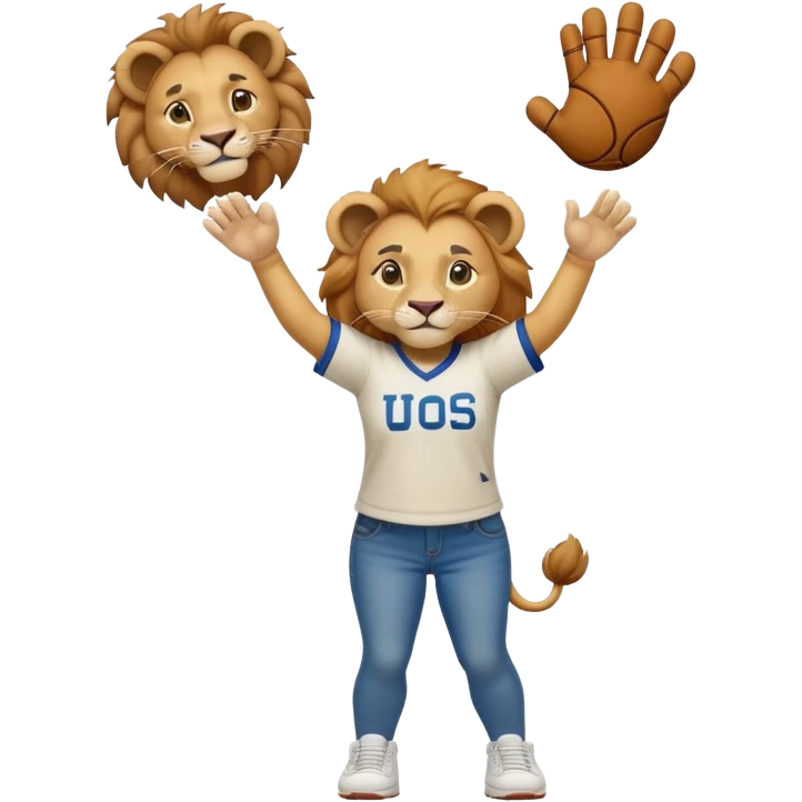 friendly anthropomorphised female lion wearing a baseball shirt, jeans, and trainers, lifting something up emoji