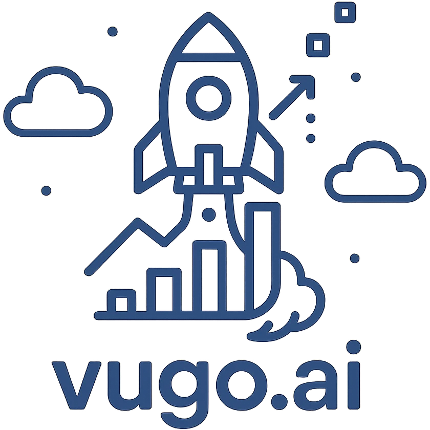 logo for vugo.ai, abstract symbol, digital, innovative, blue and white, startup feel emoji