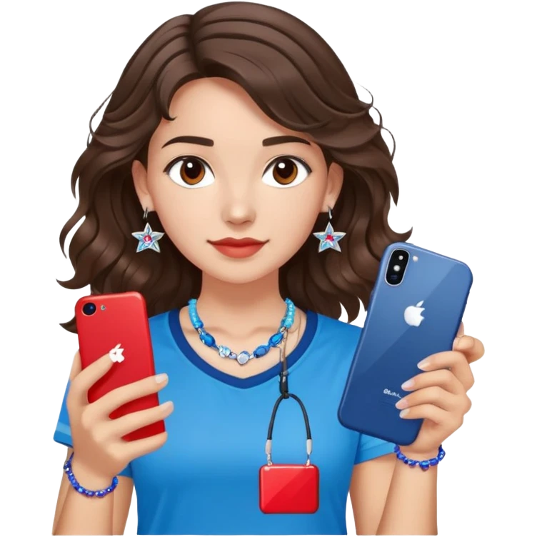 brunette girl with wavy medium length hair, brown eyes, light/medium skin tone, holding iPhone and light phone, wearing red Adidas t-shirt, small silver hoop earrings with blue gem stars, and a different colorful beaded charm necklace emoji