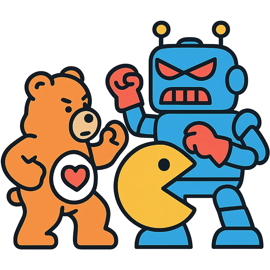 Care Bears and Pacman teaming up against a robot villain, 80's sci-fi style emoji