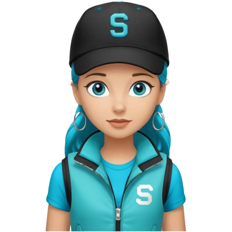 A landscaper in a beautiful turquoise jacket, turquoise rubber boots, and black pants. Over the turquoise jacket, she wears a black sleeveless vest. On her head, she wears a black Swissotel baseball cap. The girl is a brunette with blue eyes. emoji
