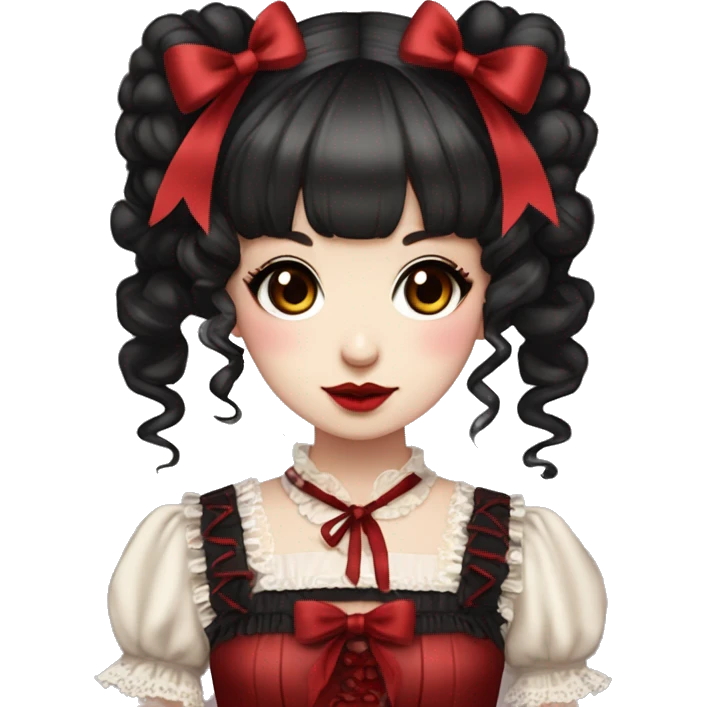 Japanese pale woman with dark drown curly pigtails and bangs, red lips and eyeshadow, long eyelashes, brown eyes, red Lolita dress with laces and ribbons, gothic Lolita doll look emoji