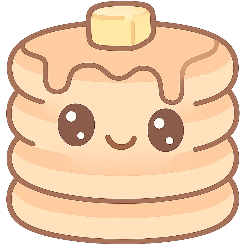 kawaii style pancake stack, cute face, syrup and butter, pastel colors, joyful and friendly emoji