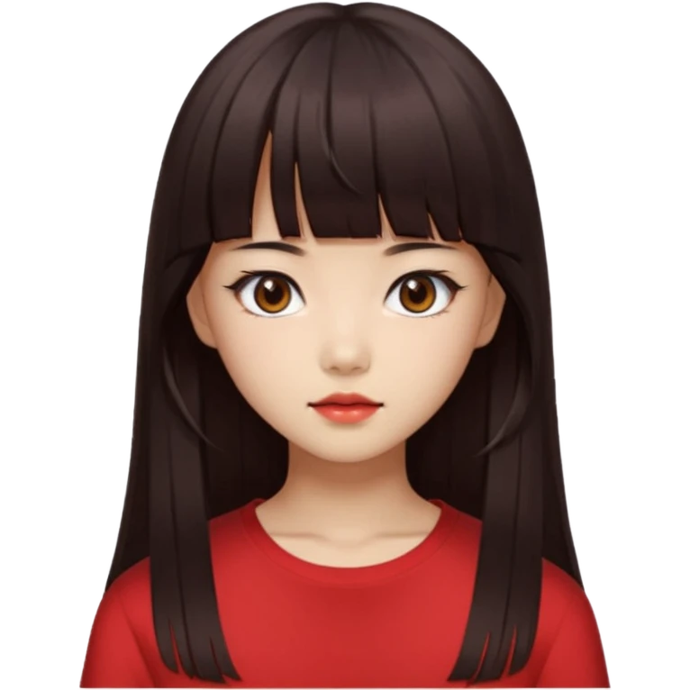 Korean girl, red top, black brown hair, brown eyes, long hair, cool girl, aesthetic, long hair, hime cut, blunt bangs emoji