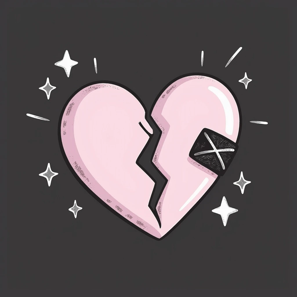 broken heart emoji with jagged split and bandage over the crack, chalk style, soft lilac color palette, rough doodle-like texture as if drawn with pastel chalk on a dark surface, surrounded by subtle sparkles, aesthetic and emotional Telegram channel emoji