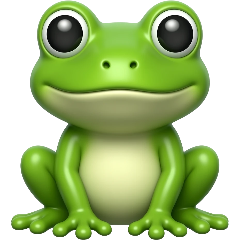 hyper-realistic 3D cartoon render, collectible figure, frog character sitting upright, big expressive eyes, smooth glossy surface, green color, white studio background, no text, no watermark, front facing, symmetrical emoji