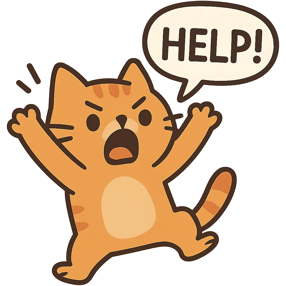 flat toon style cute cat, arms up, shouting 'Help!' with dynamic pose emoji