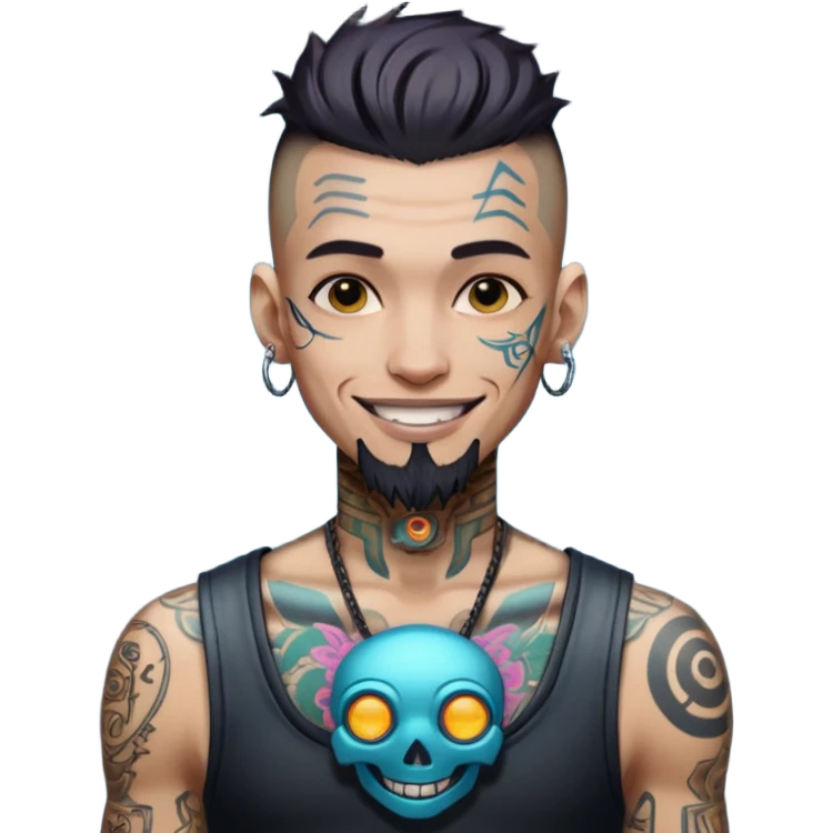 Cyberpunk tattoed man, skinny, eastern features, positive expression emoji