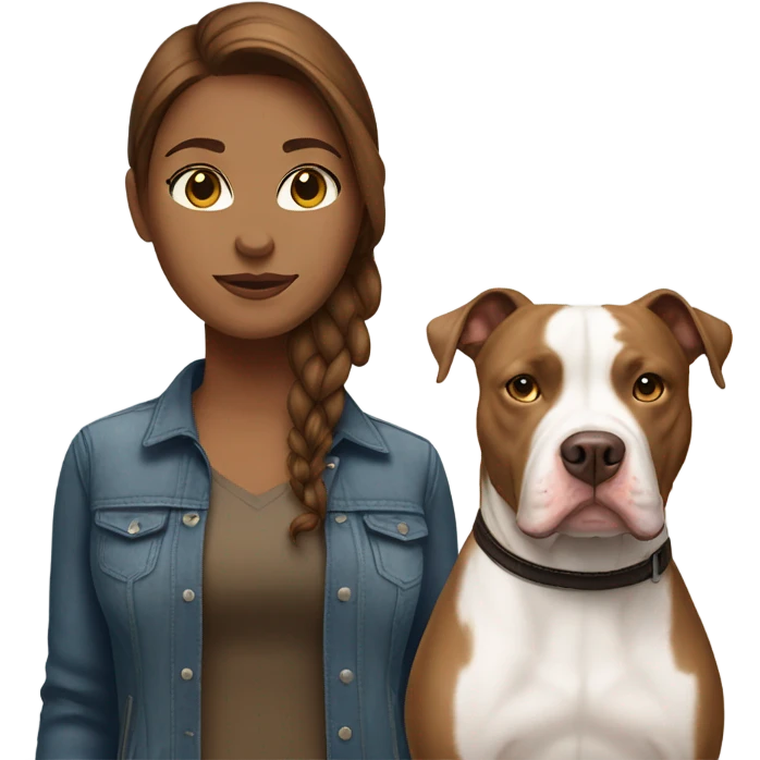 white woman with straight long brown hair alongside a white pitbull emoji