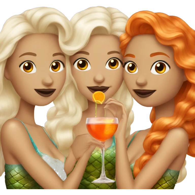 Three beautiful mermaids (light skin) drinking aperol emoji