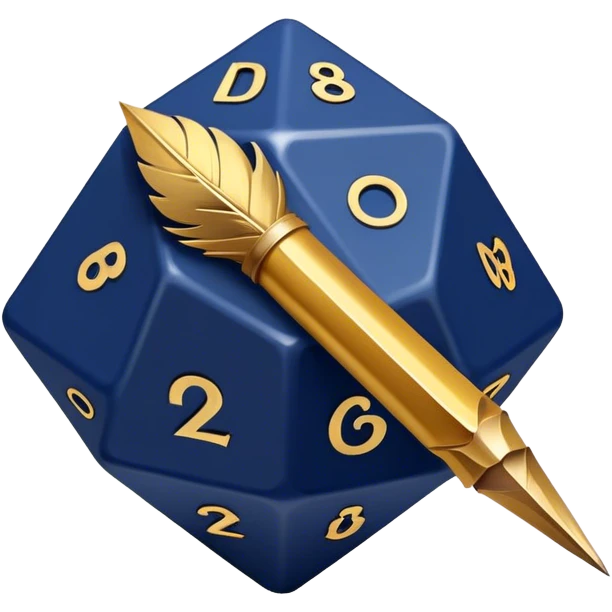 A golden quill crossing with a d20 that has no marks or numbers
Color: Gold and deep navy blue emoji
