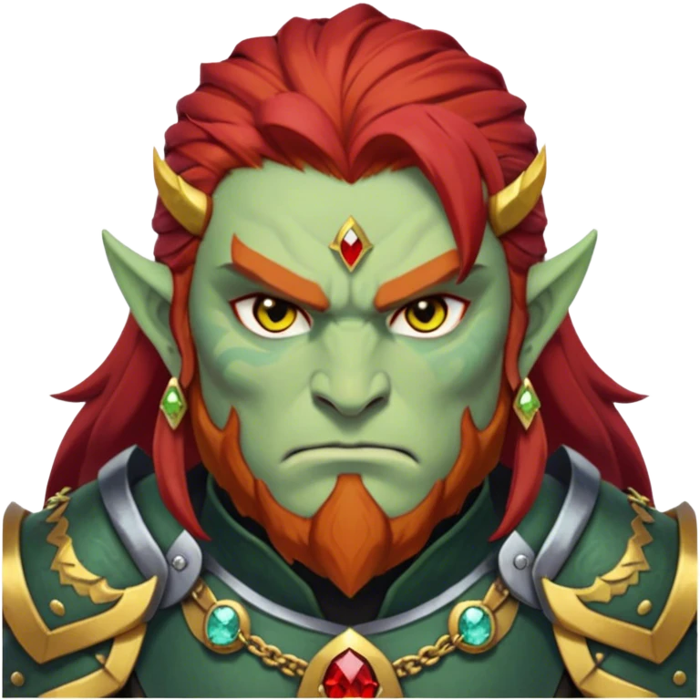Ganondorf, Legend of Zelda, pale green skin, golden irises, black pupils, long layered red hair, short thick red beard, no mustache, thick red eyebrows connecting to hair, scowling, angry, stoic, dark armor, demon armor, forehead jewelry, topaz jewel on forehead emoji