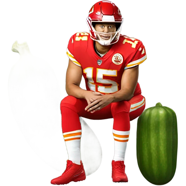 Patrick Mahomes riding a pickle emoji
