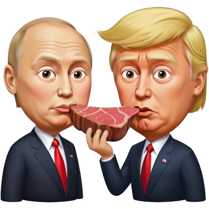 photorealistic Donald Trump and Putin eating a steak shaped like an piece of land emoji