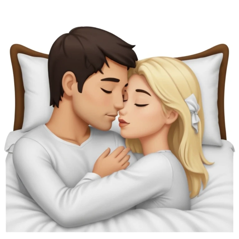 Naked man, dark Hair, kissing naked blonde Woman, bed,  emoji