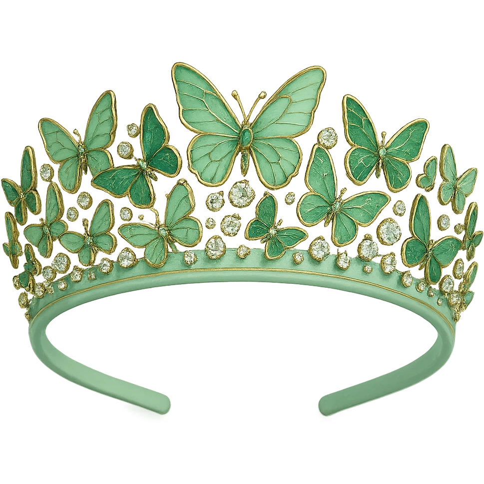 butterfly crown with a pastel green base, butterflies in light and dark green enamel, sparkling gems emoji