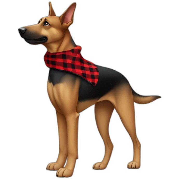 75% Coonhound 25% German Shepherd mix dog wearing small pointed red buffalo plaid bandana pointing down side view full body facing left emoji