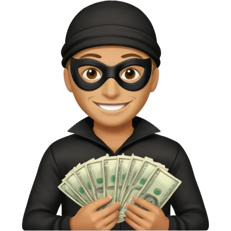 Robber emoji holding a 💰 wearing a mask that is made of robber dress emoji
