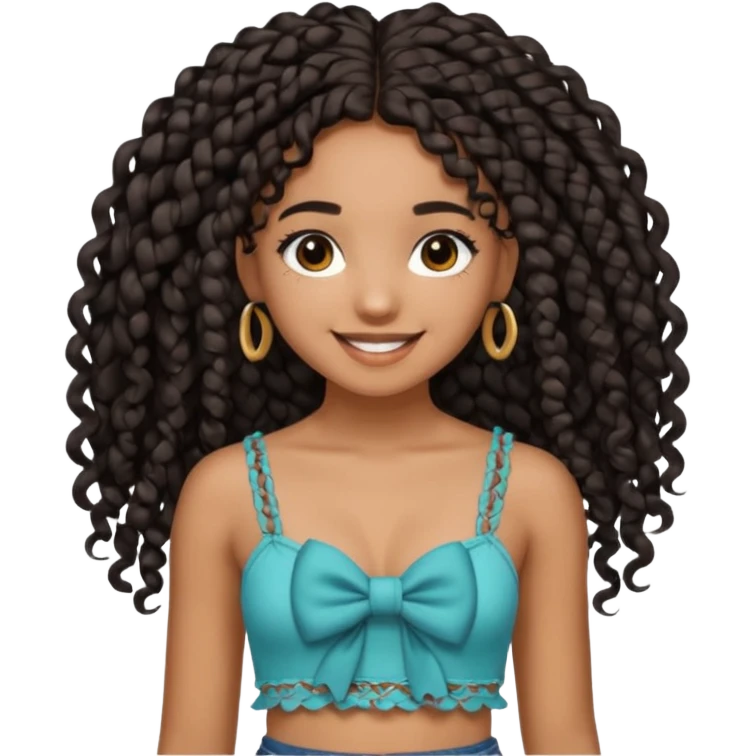 Girl with long black hair curly knotless boho braids mixed girl crop top with a bow on the crop top emoji