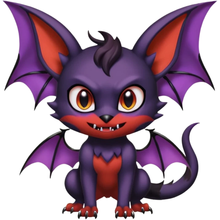 Shiny Dark epic cute cool demonic batty vampiric beautiful edgy pretty aesthetic Noibat-Litten-Fakémon-Pokémon-Digimon-creature with bat-ears-wings and a pointy imp-tail and fangs emoji