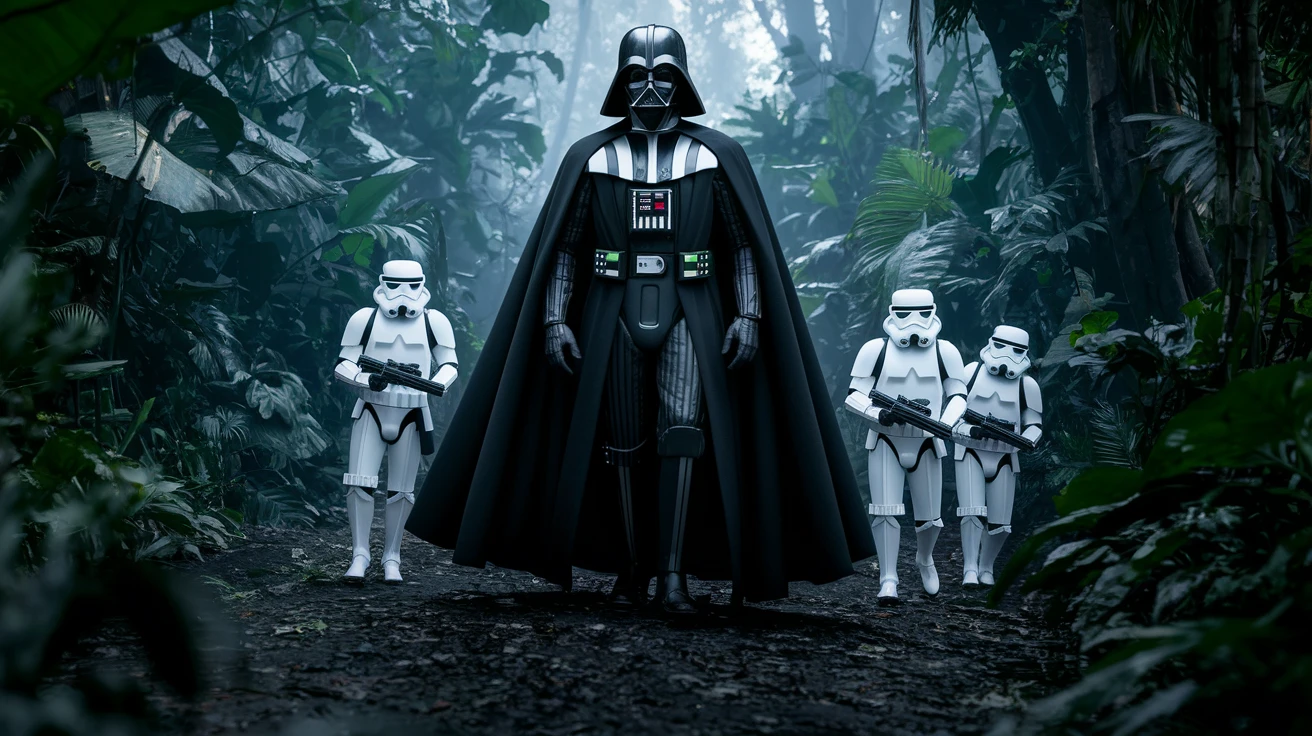 cinematic still, Medium shot, amazon jungle, Darth Vader around stormtroopers coming out from starship on ground, they are exploring the jungle, inspired by StarWars movie, captured by arri alexa emoji