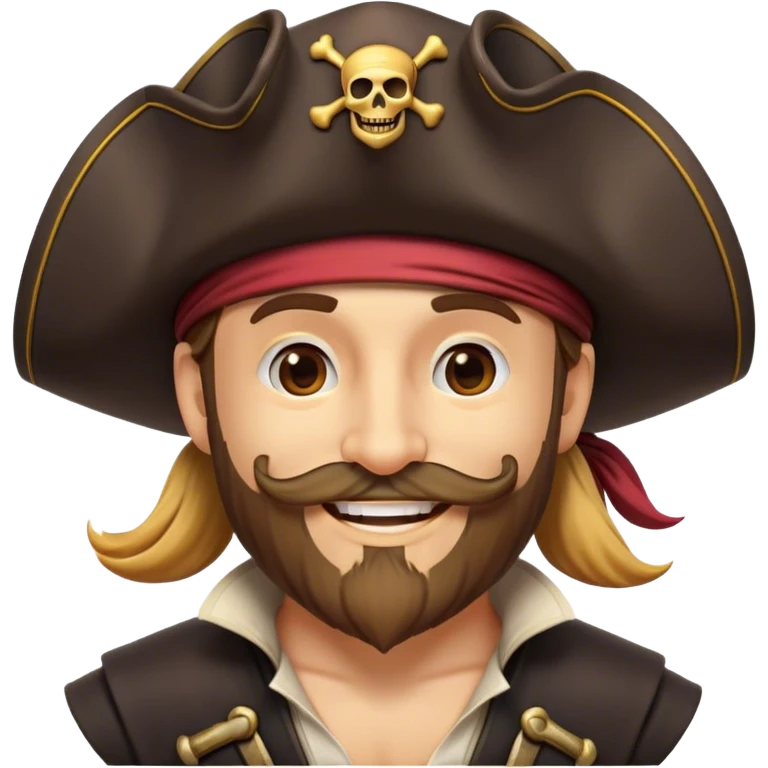 Clash of Clans aesthetic Cheerful Pirate Portrait Emoji, With a bright, confident smile and a relaxed yet adventurous posture, showcasing a stylized, rugged build with a classic pirate hat and a neatly groomed beard, his face in natural skin tone, Simplified yet expressive features, highly detailed, glowing with a soft, luminous maritime radiance, high shine, upbeat and daring, stylized with an air of classic swashbuckler allure, soft glowing outline, capturing the essence of a cheerful pirate ready to chart epic voyages! emoji