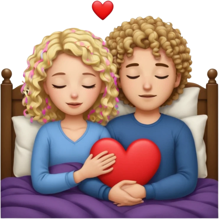cuddling in bed, asleep. wavy haired blonde girl. curly haired brunette man. eyes closed. heart between them. no headboard emoji