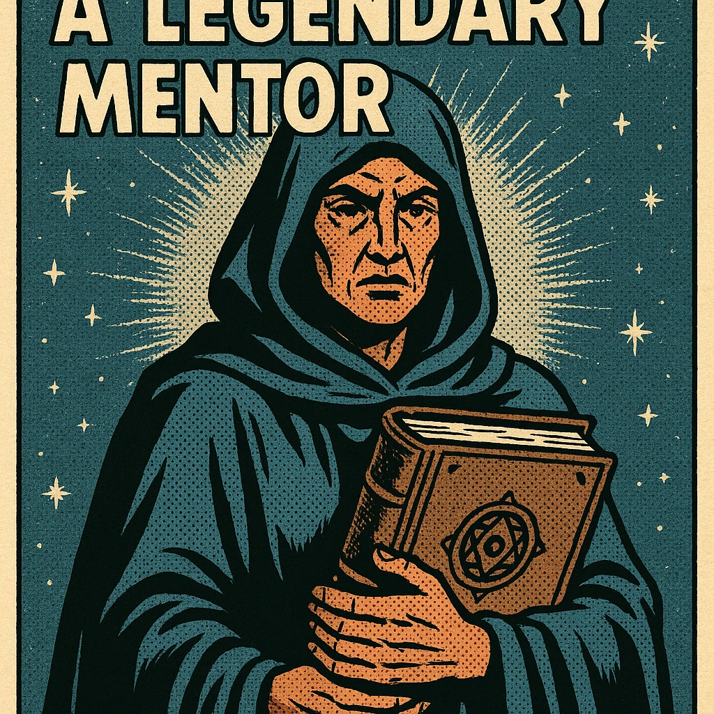legendary mentor, imposing female figure with cloak and ancient book, starry background, classic comic style emoji