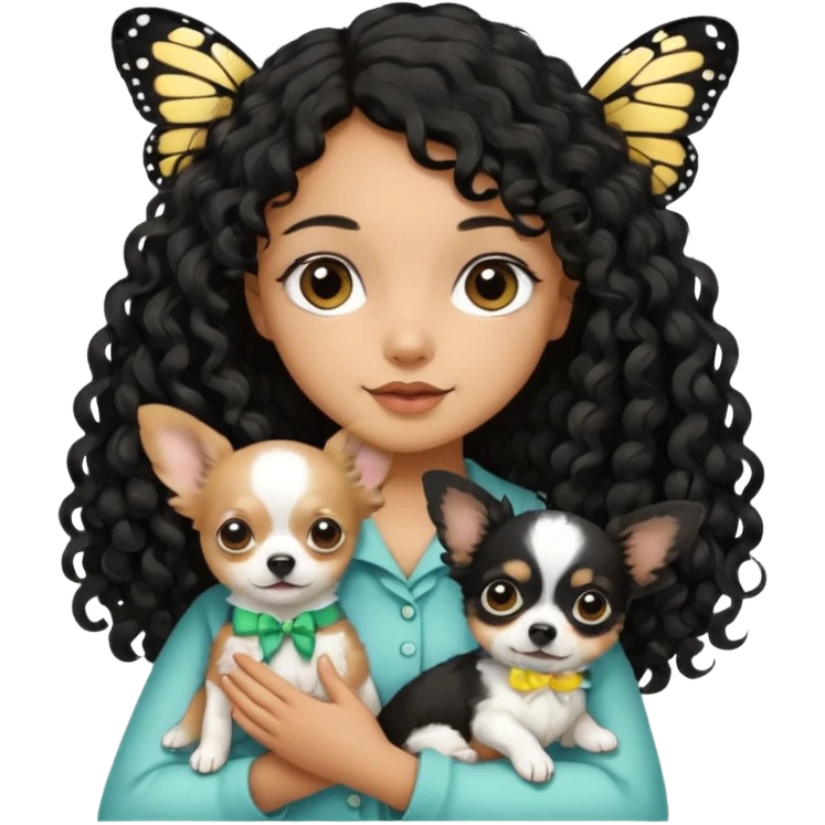 a girl light to medium tan skin with olive skin tone Long black curly hair cut butterfly carrying a white chihuahua dog with a cute ribbon emoji