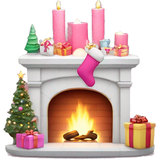 Mini pink fireplace with stockings, tiny gifts, and twinkling lights above emoji