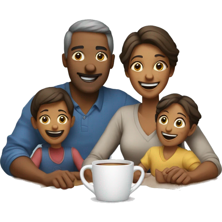 An emoji of a family—mother, father, and child—sitting at a table, playing a cup game with paper cups arranged on the table as they have fun together emoji