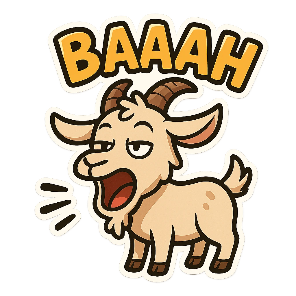 cartoon sticker style goat with mouth open, 'baaah' text in bold, fun and lively look emoji