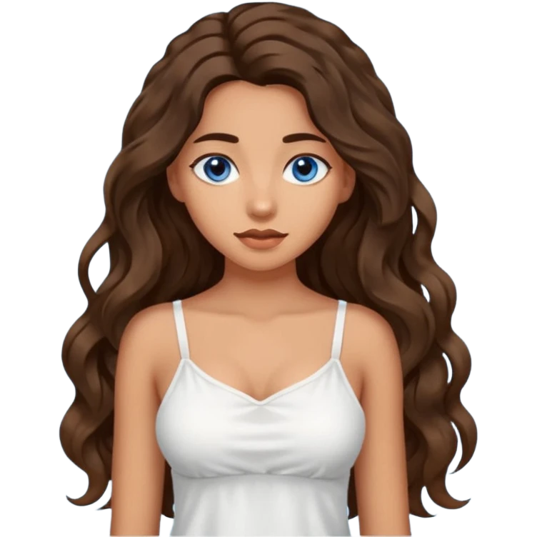 Girl with olive skin, blue eyes, brown dark insanely wavy long hair, white camisole  emoji