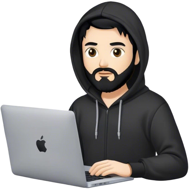 hackeur blanc cheveux noir barbe et capuche noir avec un macbook emoji